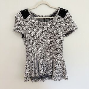 Anthro Knitted & Knotted Jacquard Peplum Lace Top Black White XS